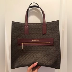 Michael Kors Kenly Tote. Signature MK with Burgundy trim.